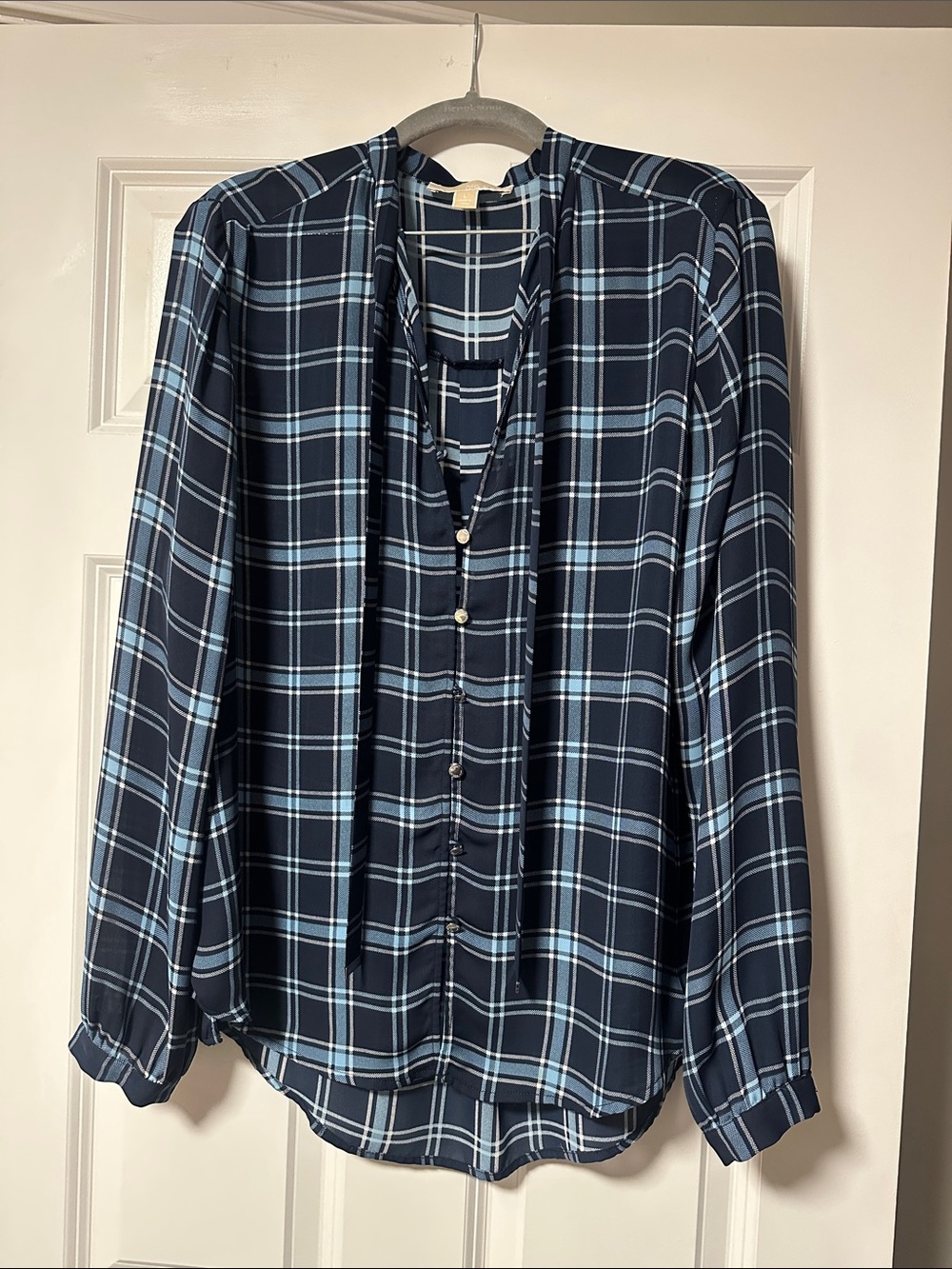 Michael Kors Sheer Navy Blue Plaid Button-Up Blouse